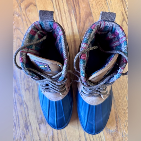 Sporto Duck Boots Womens 9 Insulated Rain Ankle Boots Navy Rubber & Tan Leather - Picture 5 of 11